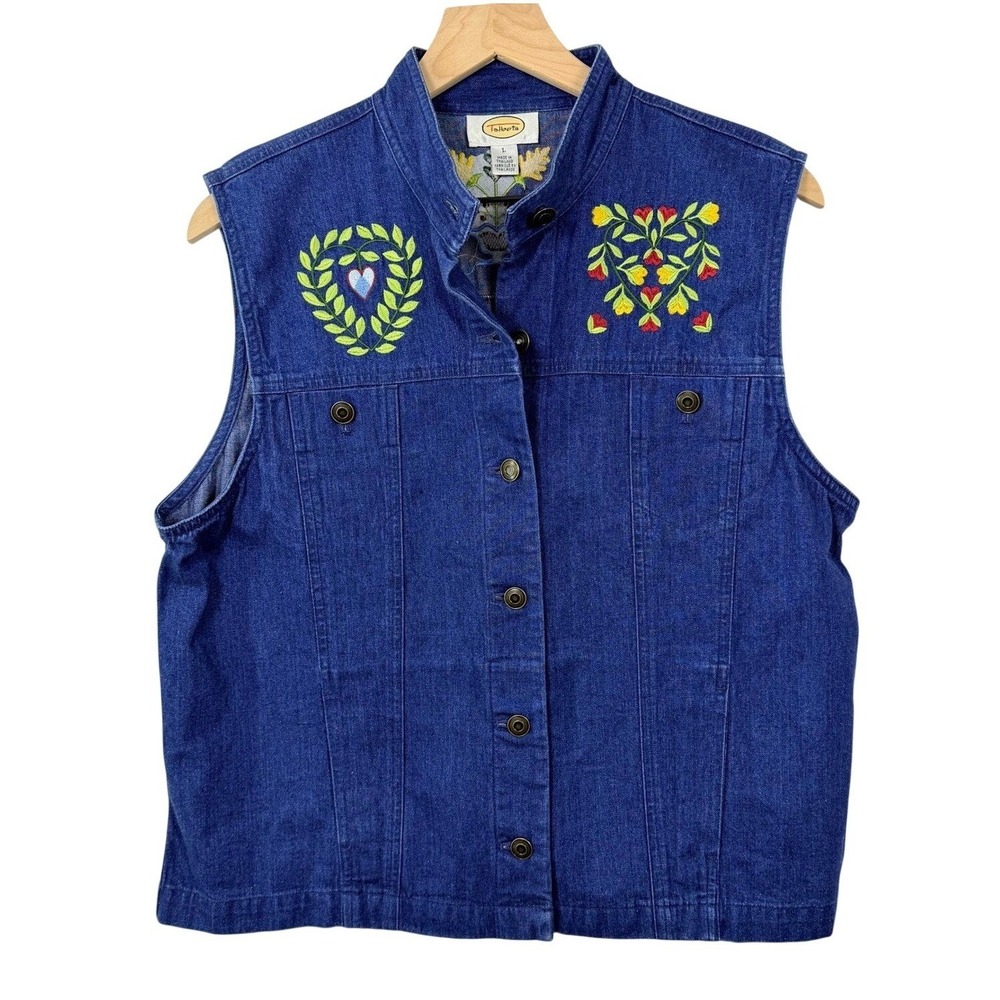Talbots Womens Blue Denim Embroidered Floral Heart Vest Mock Neck Large